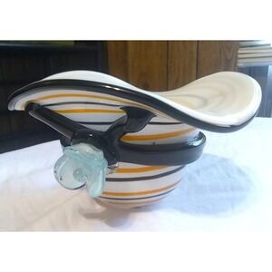 Trinket Candy Dish Bowl Art Glass Hand Blown Black Orange w/Blue Flower